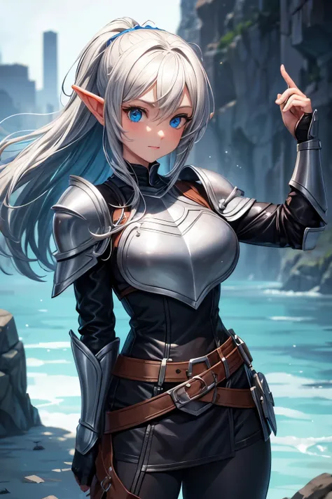 cute halfling thief woman with thick grey hair and bright blue eyes in leather armor