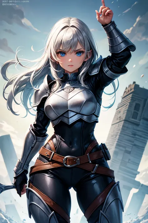 cute halfling thief woman with thick grey hair and bright blue eyes in leather armor