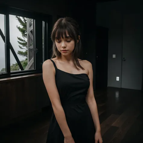 kid girl with grey Shoulder-length hair with bangs wearing a black dress Inside a blacked out modern mansion in the woods with a view of the ocean on a foggy day 