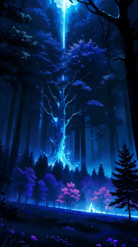 blue Moon，light shining on the tree，dynamic angle，wide angle，The sky sparkles in blue and purple，fantasy，Fantastic，eerie darkness，Landscape painting