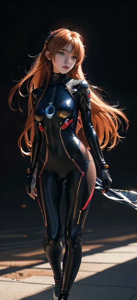 official art, Unity 8K wallpaper, ultra detailed, beautiful and aesthetic, masterpiece, best quality, realistic, Full body Shot, skindentation, souryuu asuka langley, headset interface, bodysuit under clothes, detailed eyes, detailed face, detailed hair, b...