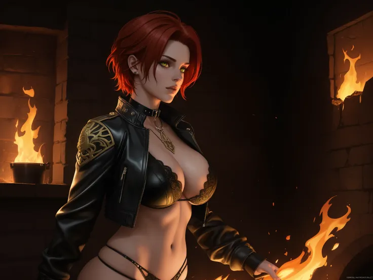 Sexy MILF, fiery hair, red short hairstyle that burns with fire, yellow eyes, yellow veins on her face, black piercings, excellent facial quality, black collar with studs, green open mini jacket, black mini bikini, large tits, in the background an ancient ...