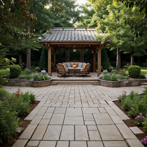 garden areas with paths, patios, decks, arbors, and pergolas