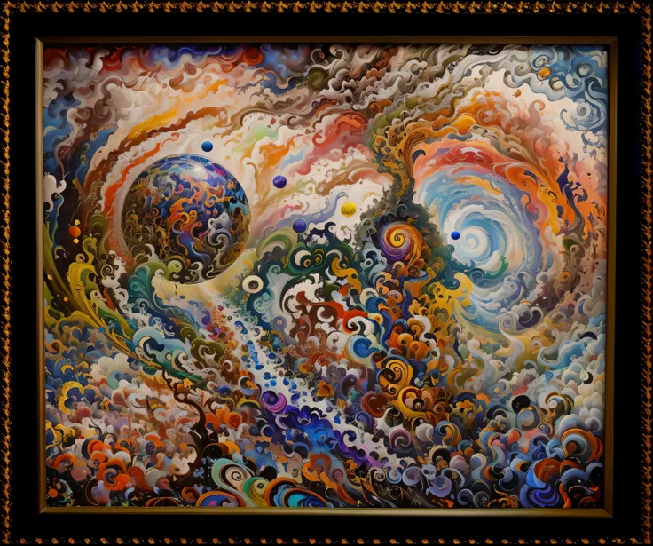 Planet of the Pyramids, picture of a colorful painting depicting a Planet in Space, filled with mystical energies, very complex color technique, very complex and colorful, Psychedelic landscape, complex fantasy picture, psychedelic painting, Psychedelic il...