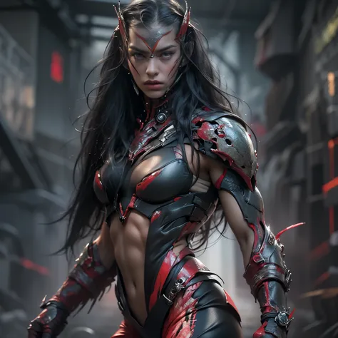 1 female alien, The predator, (extremely beautiful:1.2), (intense gaze:1.4), (predator:1.1), long dark claws, (NSFW:1), nipples, thick eyebrows, (She has shining scarlet eyes:1.2), the most beautiful face in the universe, jet black hair, symmetrical beauti...