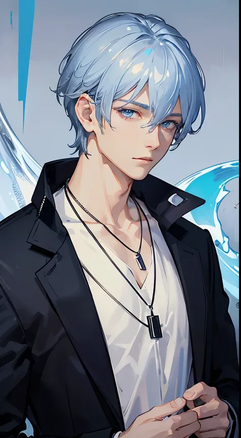 high quality、Transcendent Beautiful Boy、cool handsome guy、(shiny blue hair)、、(straight short hair)、light blue eyes、dark spot under the right eye、((black coat and silver necklace))、Jito order、clear face、Glamour