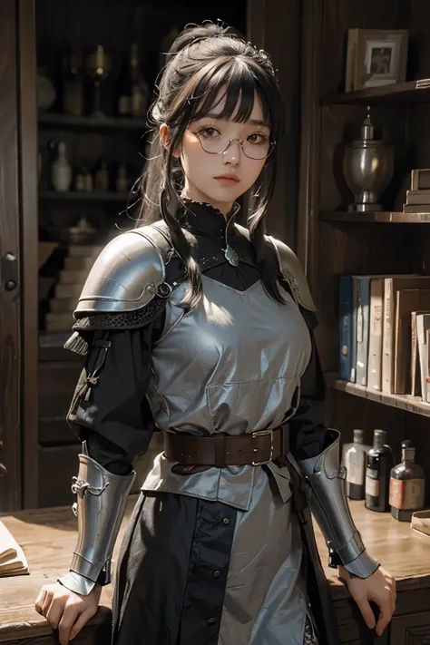 ((wide angle shot of the Hundred Years War in France)), a beautiful woman, black hair in a ponytail, bangs, wearing glasses, wearing Jeanne dArc armor