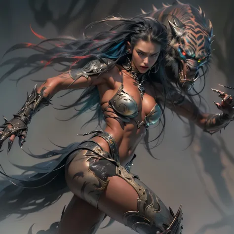 1 female alien, The predator, (extremely beautiful:1.2), (intense gaze:1.4), (predator:1.1), long dark claws, (NSFW:1), nipples, thick eyebrows, (She has shining scarlet eyes:1.2), the most beautiful face in the universe, jet blue hair, symmetrical beautif...