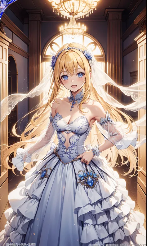 top quality，highest resolution，20 year old woman，charm，Mature，having fun，in love，light white wedding dress，Lilac cloth，see through transparent clothes，exquisite clothing，A small amount of lace，the only person，Blonde，light blue eyes，night，Banquet hall