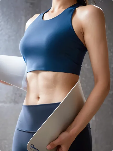 Wearing a blue sports bra top、Alafid woman holding white object, thin waist, slim waist, thin waist, smooth body features, thin waist, visible stomach, Sports bra and dark blue shorts, Visible abdomen, with a thin waist, beautiful belly, Sports and shorts,...