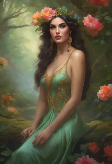 lisa frank art color, cuerpo completo, full body, senos grandes, nalgas grandes, mujer, multicolored long hair, multicolored aurora, art face by tom bagshaw, emile vernon style, fullbody dynamic movement pose, beautiful woman with long hair, gold jewellery...