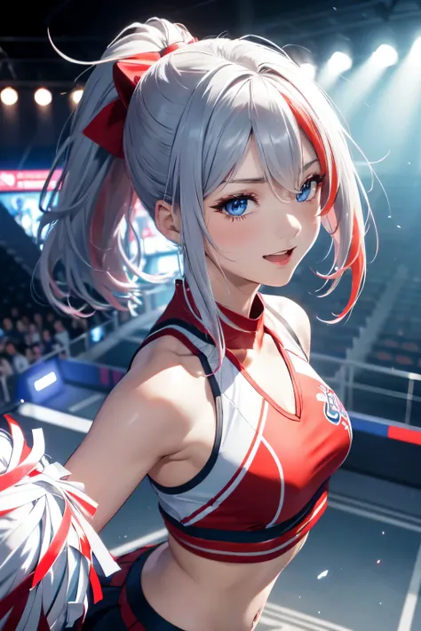 （In 8K, best quality, muste piece:1.2)、ultra high resolution、official art, 1 girl aged 14、ultra-detailed face, detailed eyes,cheer leader fashion,dynamic poses, dynamic angle, close-up, cowboy shot, (nup, cheerleader:1.2),smile,open mouth,cyberpunk cheerle...