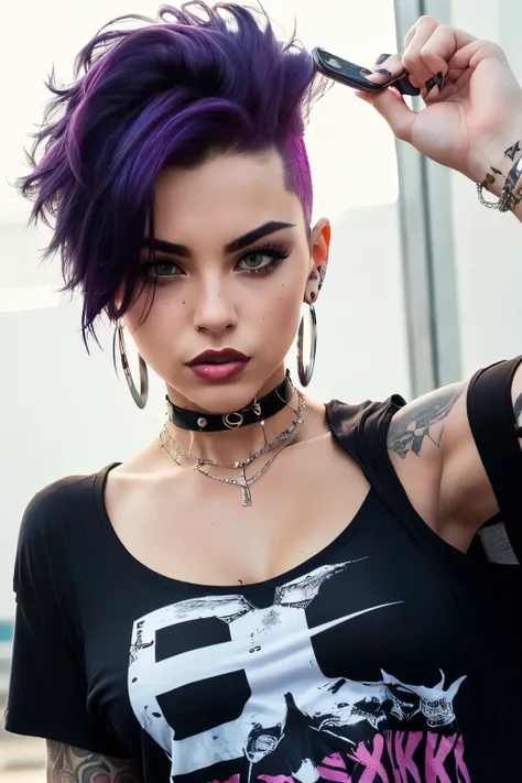 ((Mejor calidad)), ((Obra maestra)), (detallado),frontal portrait, cara perfecta, ((((SEXY)))), purple hair, beautiful angry late teen latin urban punk girl with tattoos taking a selfie, ((((dressed only with a very ripped oversized sexy man tee shirt and ...