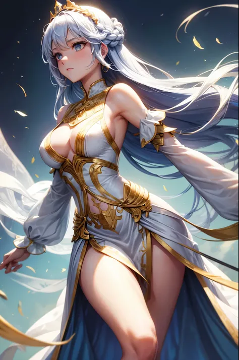 Women with hair in a crown braid, wearing white, gold, and blue silks. Wearing a dress that cuts off at the shoulders and leaves the back exposed. Just past the waist the dress splits revealing her legs. She has sleeves that start roughly half way down the...