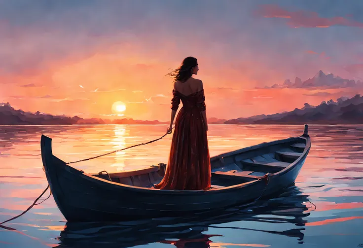 woman standing on a boat in the water, art of alena enami, sunset illustration, style of alena enami, art. alena enami, inspired...