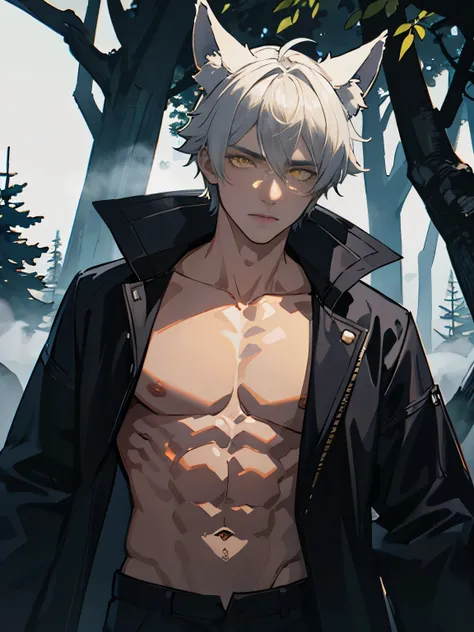 a guy with bare chest, instead of a head a wolf skull with ears, glowing yellow eyes, black fog around him, on the background of a gloomy spruce forest, norror