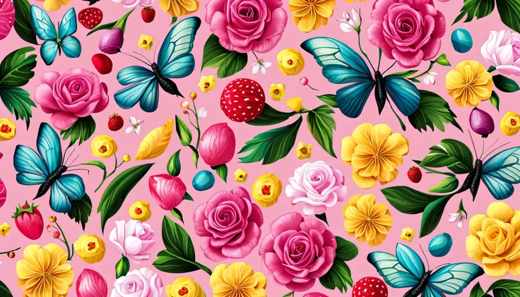 Seas of freshness with the Ocean Rose — ocean breeze, sun-bleached driftwood, and a touch of salty sea air. colorful pearls, jewels, ((butterfly)), ((yellow small stars)), (strawberry), rose,  || (embroidery) seamless pattern, fruit, butterfly, Best qualit...