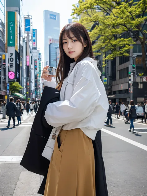 Photoreal, 8K full-length portrait, Beautiful woman, attractive look, Clear system, 18-year-old, Tokyo, 2024, spring, Shibuya in the background