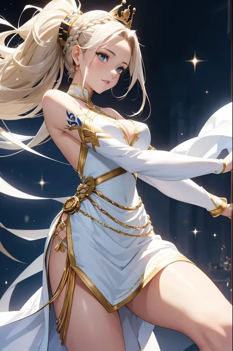 Women with hair in a crown braid, wearing white, gold, and blue silks. Wearing a dress that cuts off at the shoulders and leaves the back exposed. Just past the waist the dress splits revealing her legs. She has sleeves that start roughly half way down the...