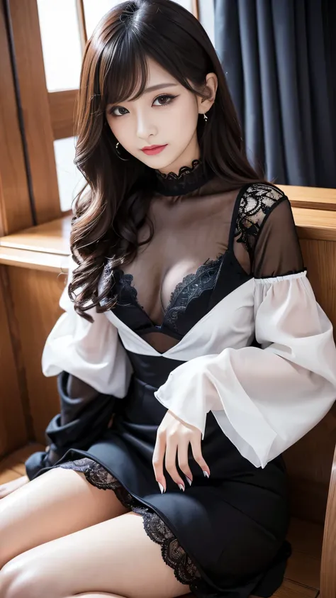 Super detailed、Japanese、charming beauty、seductive adult woman、Beautiful woman、sharp eyes、cool girl、wavy hair、suit、Black chiffon、lace fabric、wide sleeve、wearing a lace insert dress、white blouse、Tight Skirt、Lustrous legs、evilの幹部、evil depravity、brainwashing、M...