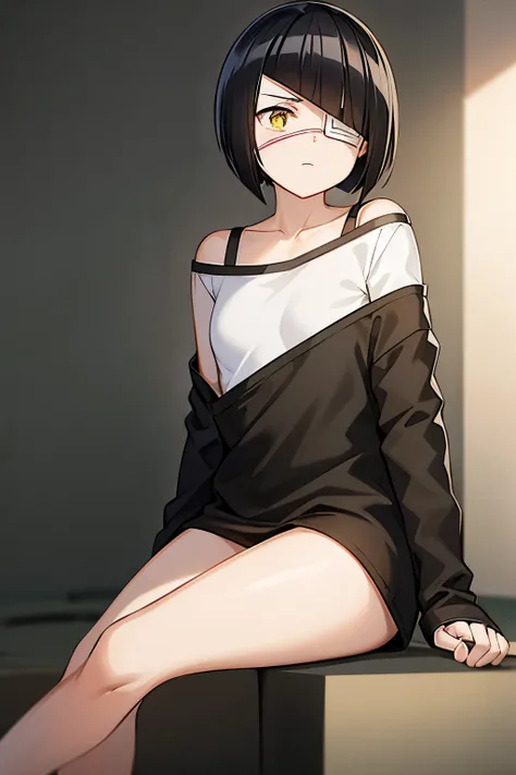 girl, nakanaka_omoharu, black hair, short hair, flat chest, golden eyes, white eye patch, casual outfit, black shirt, white patches, oversized shirt, off shoulder, fingerless gloves, black socks