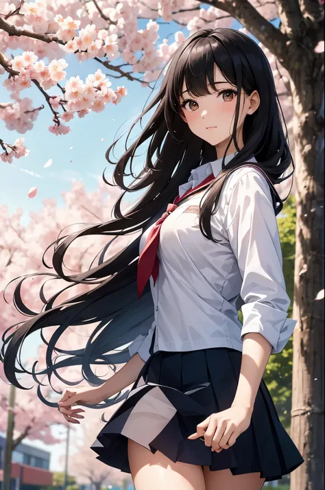 masterpiece, best quality, extremely detailed, 8k, a pretty girl, high school student, gracefully spreading cherry blossom trees, petals fluttering:1.3, creating a fleeting petalsstorm in the air:1.3, hair flowing in the wind, running hands through hair, b...