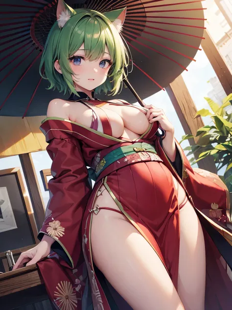 highest quality,wonderful,masterpiece,delicate,ultra high resolution,Super detailed,intricate details,beautiful,8K resolution,(Highly detailed CG Unity 8k wallpaper),sharp focus、1 female、green hair、short hair、vivid hair、、Shaggy hair、Cat ear、big breasts、und...