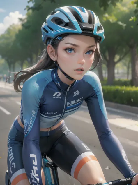 high quality,HD,16k,sharp lines,1 girl,Female cycling athlete ,cute face, large breasts, nice legs,At the cycling venue,focus girl,detailed beautiful face,detailed clothes,beautiful eyes,cool,dynamic angle