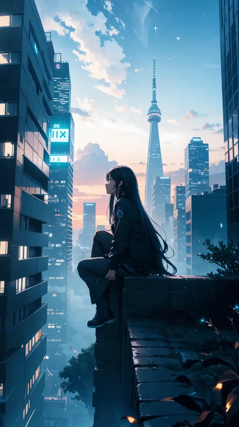 octans, sky, star (sky), scenery, starry sky, night, 1girl, night sky, solo, outdoors, building, cloud, milky way, sitting, tree, long hair, city, silhouette, cityscape