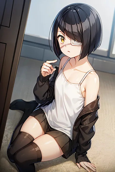 girl, nakanaka_omoharu, black hair, short hair, flat chest, golden eyes, white eye patch, casual outfit, black shirt, oversized ...