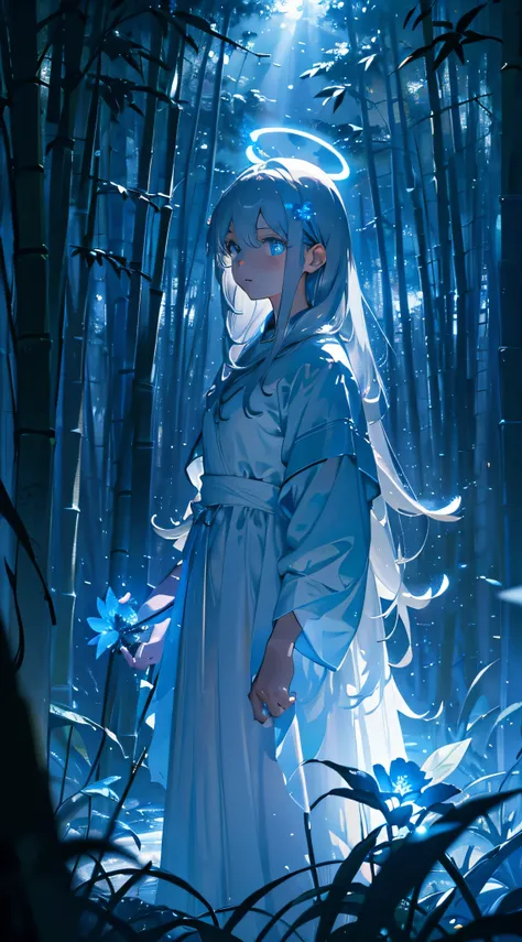 Masterpiece, dark theme, maximum quality, maximum detail, ultra detail eyes, professional coloring, cinematic lightning, bamboo forest, depth of field, backlighting, 1girl, medium breast, young girl, grey hair, long hair, glowing halo, light ring, blue flo...