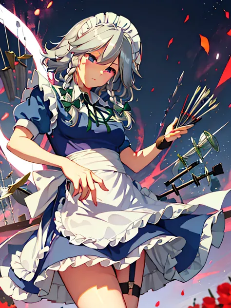 best quality, masterpiece, highres, solo, (((izayoi sakuya))), touhou project, braid, twin_braids, maid_headdress, (((short hair...