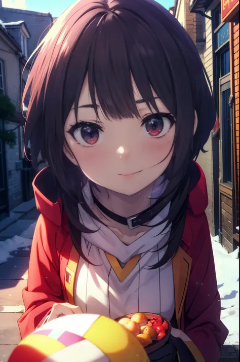 konosubamegumin, megumin, short hair, black hair, (red eyes:1.3), short hair with long locks,smile,blush,red long coat　there is ...