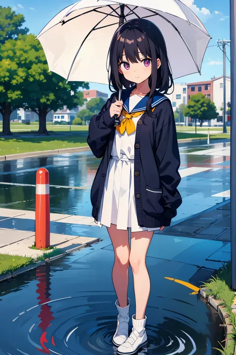 Park after rain　large puddles　elementary school girl　8-year-old　flat chest　black hair　long hair　eyes are purple　（（1 person））　Cardigan on top of white long-sleeved sailor uniform　Lower body navy blue miniskirt　white panties　white socks　Yellow boots　holding ...