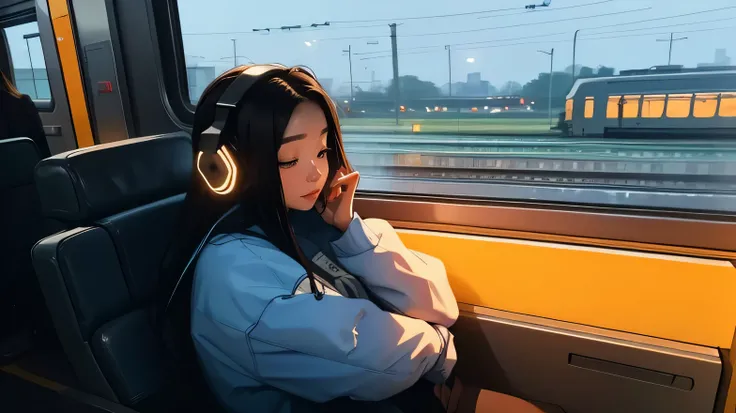 train, Sit by the window, Restful sleep, wearing headphones, Scenery passing by at high speed, night trip, Beautiful girl, UHD Portraits, (high quality) (ultra detail) Looking at viewers wearing hip-hop style streetwear; different, fancy, colored long hair...