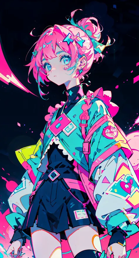 anime girl, aristocrat, star, neon pink and blue colors, scars, stickers, neon style of whole shpink blue