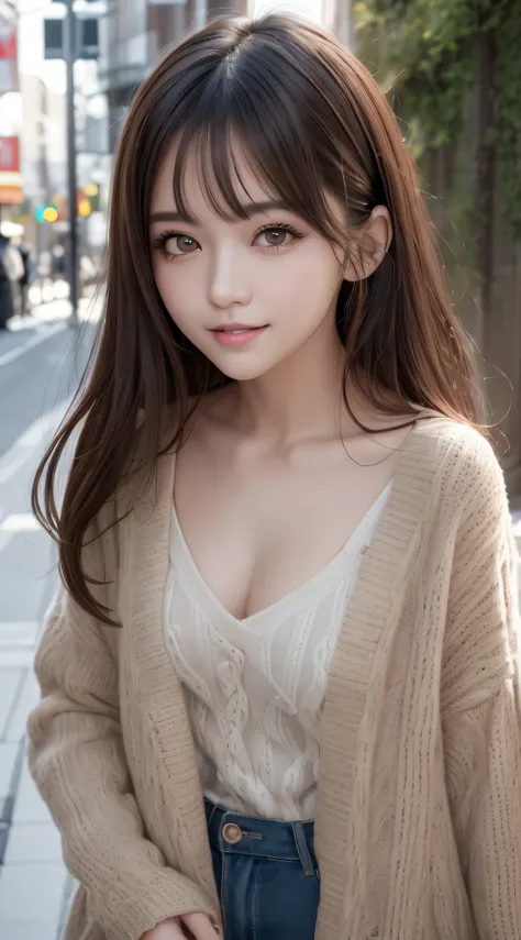 masutepiece, Best Quality, Illustration, Ultra-detailed, finely detail, hight resolution, 8K Wallpaper, Perfect dynamic composition, Beautiful detailed eyes, Winter casual wear,Medium Hair,tiny chest、Natural Color Lip, Bold sexy poses,Smile,Harajuku、20 yea...