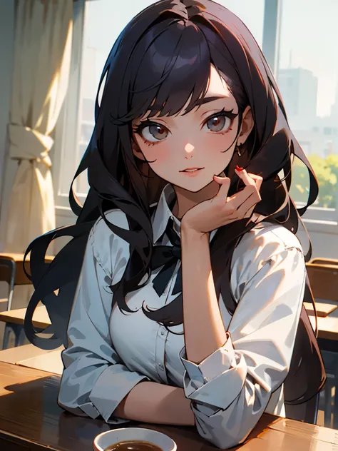 ((best quality)), ((masterpiece)), (detailed), Perfect face white long hair，red phoenix eye，beautiful girl，Left hand rose right hand milk tea，white shirt，full，In classrooms