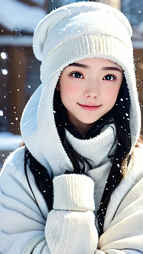 girl walking in the snow、heavy snowfall area、真っ白いsnow scene、Perfect cold protection、pure white military equipment、white knitwear、shining eyes、detailed clothing、Super detailed、highest quality、Super detailedな、Masseter muscle part:1.3、High resolution、８ｋ、outdo...