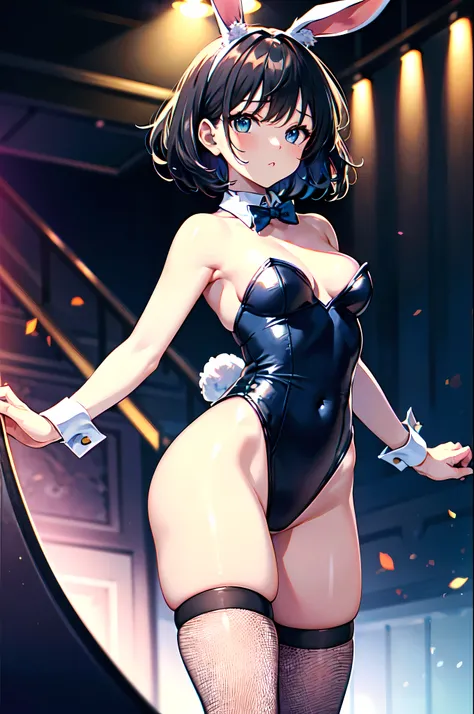 1 anime girl, alone, anatomically correct, black short hair, beautiful blue eyes, small , small waist, wide hips, juicy tHighs, Juicy buttocks,break, bunny girl, bunny ears, Rabbit tail, (frilly leotard: 1.3), wrist_cuffs, bow tie, fishnet stockings, High_...