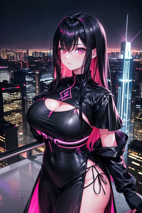 anime, (obra de arte, melhor qualidade, ultra-detalhado, alto contraste), 1 mulher (Sozinho, corpo todo,  corpo plus size, standing on the edge of the skyscraper,  cabelo prateado, CABELO LONGO E FLUXO, olhos vermelhos brilhantes de rubi, (vestido preto, b...