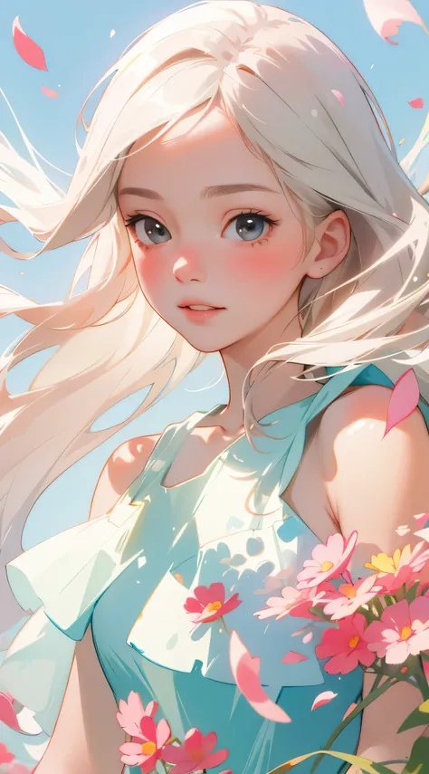 (best quality, masterpiece, ultra-realistic), 1 beautiful and delicate portrait of a girl, playful and cute, with floating petals in the background