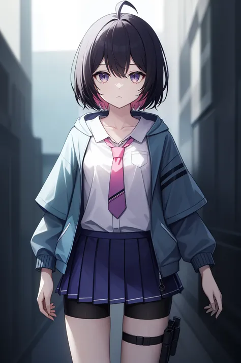 1girl, perfect face, seele vollerei, hdr, ahoge, medium_hair, dark purple-hair, colored inner pink-hair, purple_eyes, medium_breast, white shirt, long shirt, collarbone, pink tie, long tie, lime blue jacket, oversized jacket, hood_down, long sleeves, open_...