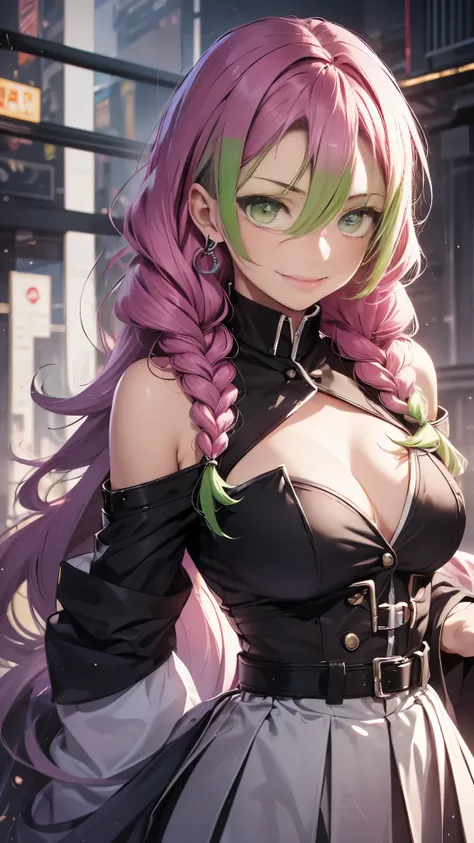 Mitsurikan Logi, Mitsuri Kanroji, Braid, gradient hair, (green eyes:1.5), green hair, long hair, mole,  mole under the eyes, colorful hair, pink hair, Twin Braids, two tone hair,
brake belt, 黒のskirt, cleavage, coat, demon slayer uniform, Haori, generally, ...