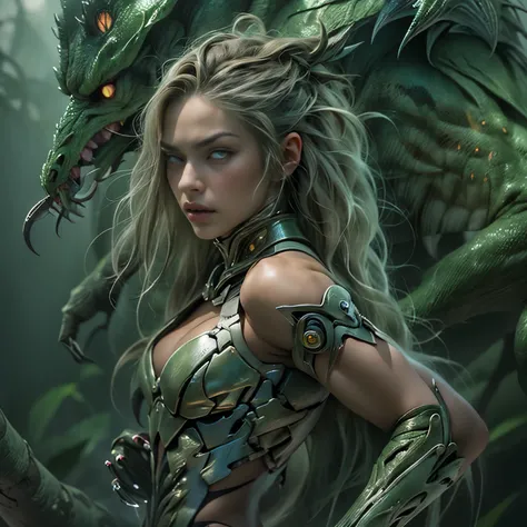 1 female alien, The predator, (extremely beautiful:1.2), (intense gaze:1.4), (predator:1.1), long dark claws, (NSFW:1), nipples, thick eyebrows, (She has shining green eyes:1.2), the most beautiful face in the universe, platinum hair, symmetrical beautiful...