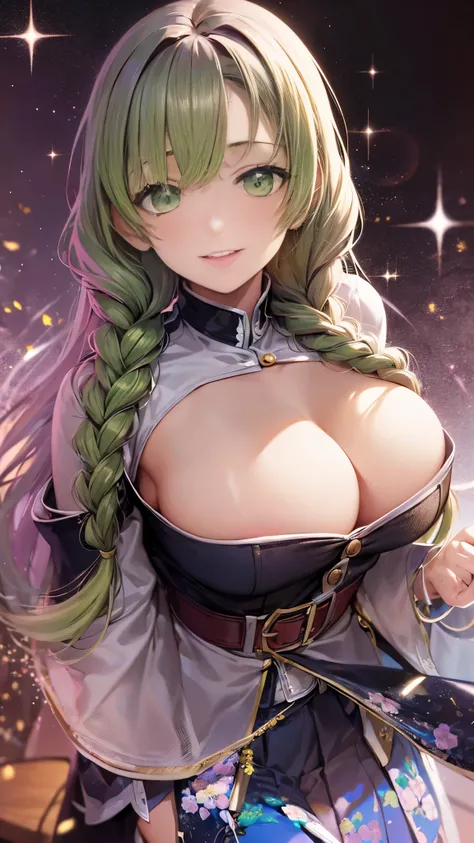 Mitsurikan Logi, Mitsuri Kanroji, Braid, gradient hair, (green eyes:1.5), green hair, long hair, mole,  mole under the eyes, colorful hair, pink hair, Twin Braids, two tone hair,
brake belt, 黒のskirt, cleavage, coat, demon slayer uniform, Haori, generally, ...