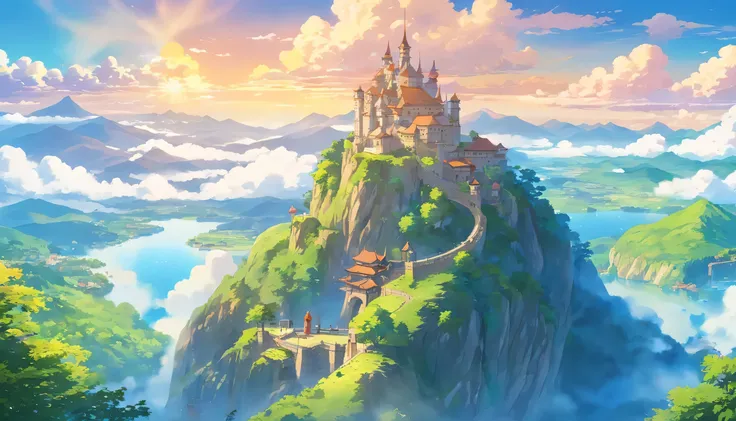 Castle in the Sky、floating islands in the sky、Anime style house on castle hill，Lake and mountains in background, Animation pastoral scenery, anime scenery concept art, Anime landscape, anime background art, ( ( Xin Haicheng ) ), Painting in animation artis...