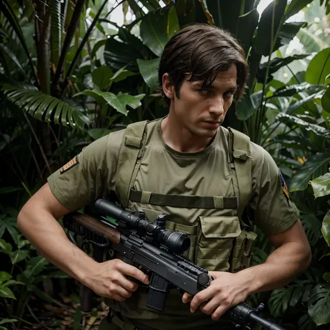 A lone British SAS operator in Tropical Jungle wearing gillie suite and M14 Riffle with optic and laser at his hands.