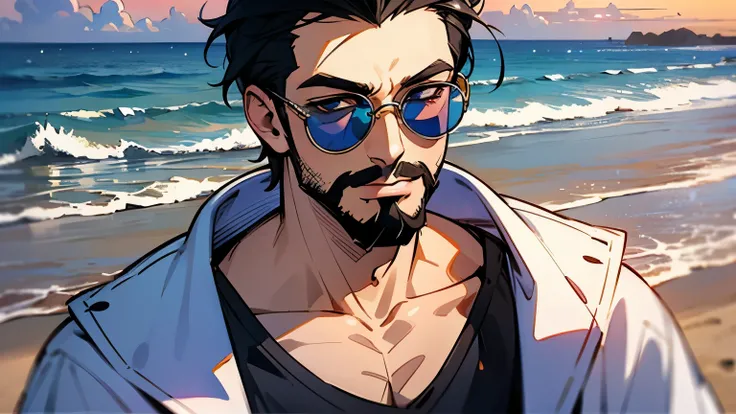 beach，seaside，Sunset，Shoulder short hair，male，Show forehead，sunglasses，beard