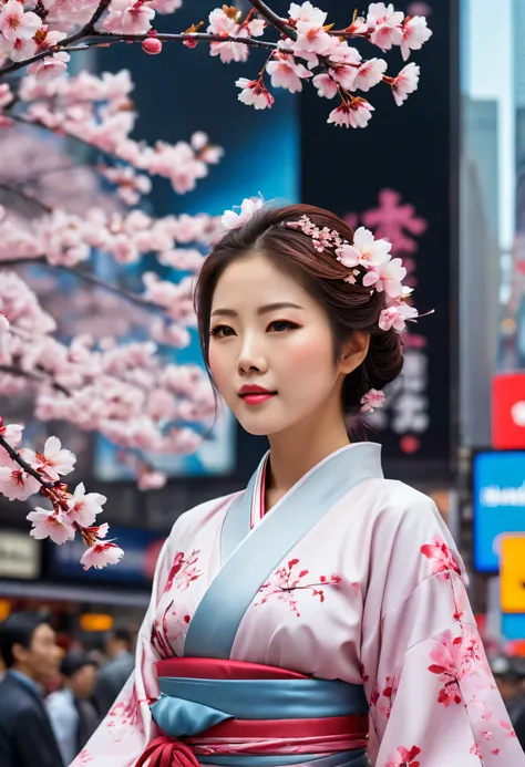 A vivid, lifelike portrait of a Sakura maiden graces the digital screen of a New York Times Square billboard. Her delicate features, clad in traditional Japanese attire, captivate the bustling city crowd. Fluttering cherry blossoms adorn her surroundings, ...